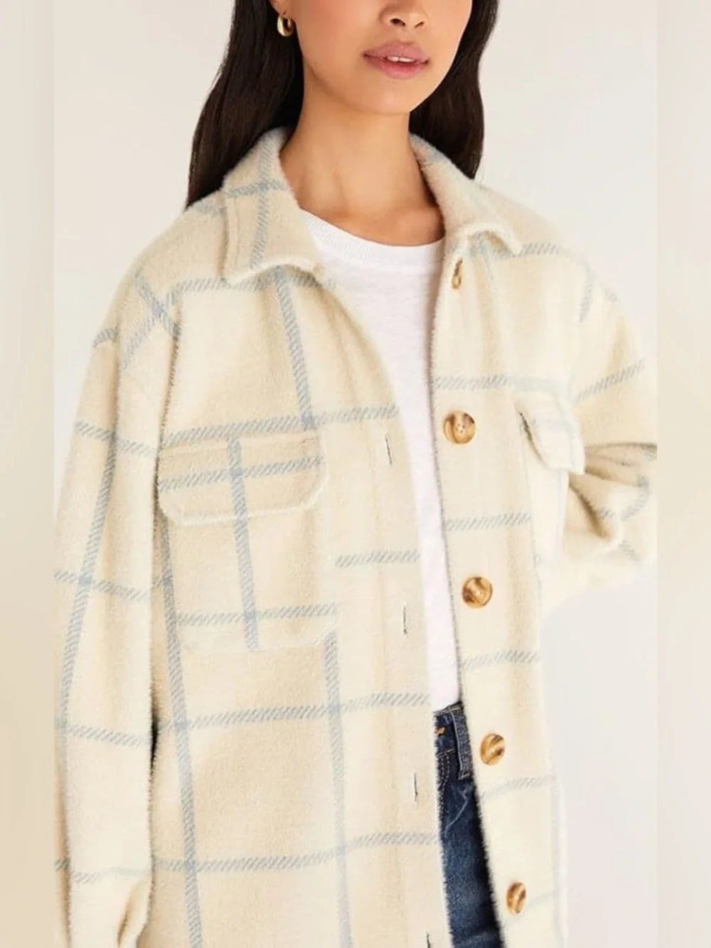 Z Supply Tucker Jacket Shacket Plaid Sand Cream Light Blue M - Picture 2 of 7